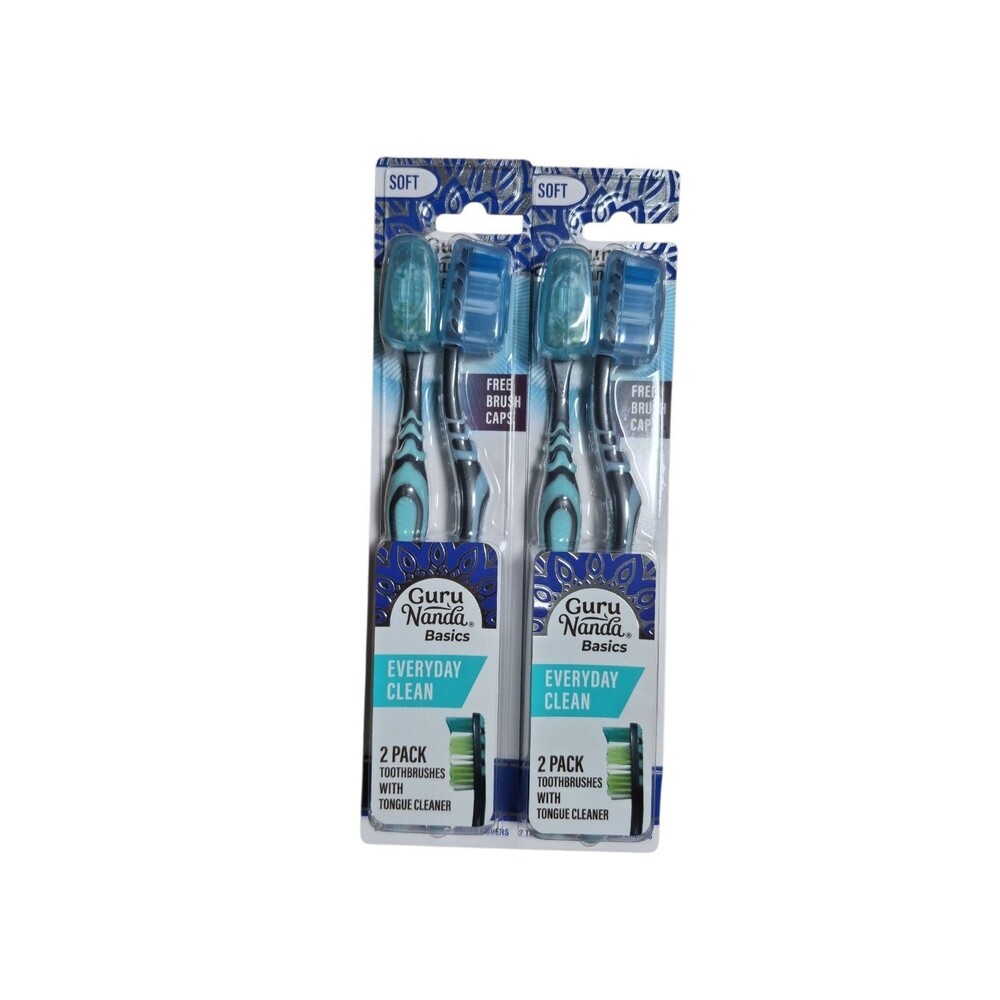 4 Dental Guru Nanda Soft Toothbrushes – 2 pack x 2 w/Brush Caps Tongue Cleaner